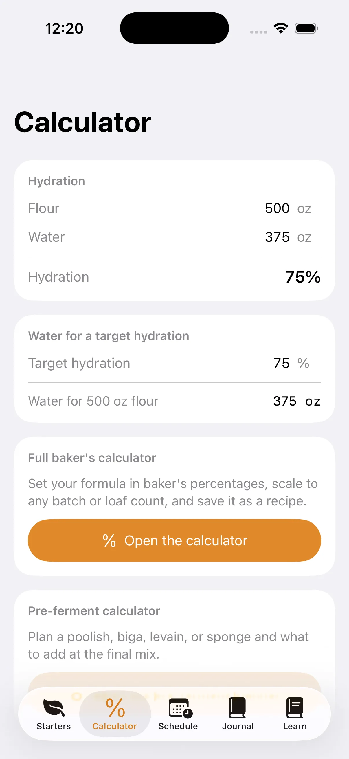 The Banneton calculator screen showing a hydration calculator and the full baker’s percentage calculator
