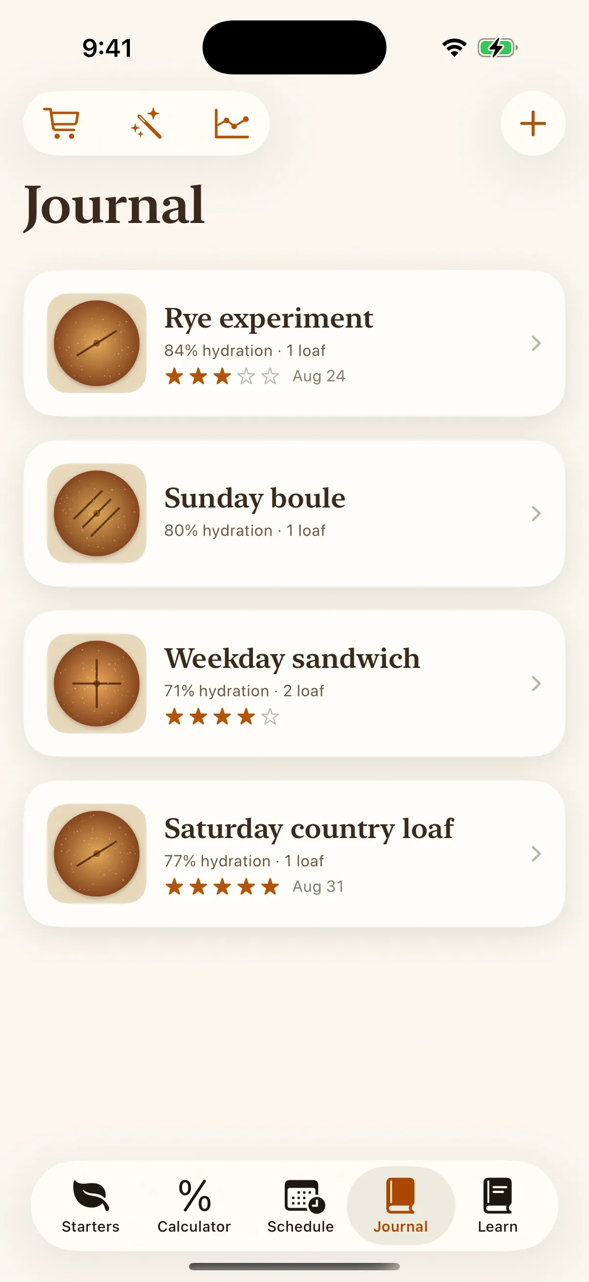 The Banneton journal screen showing saved bakes with photos and ratings