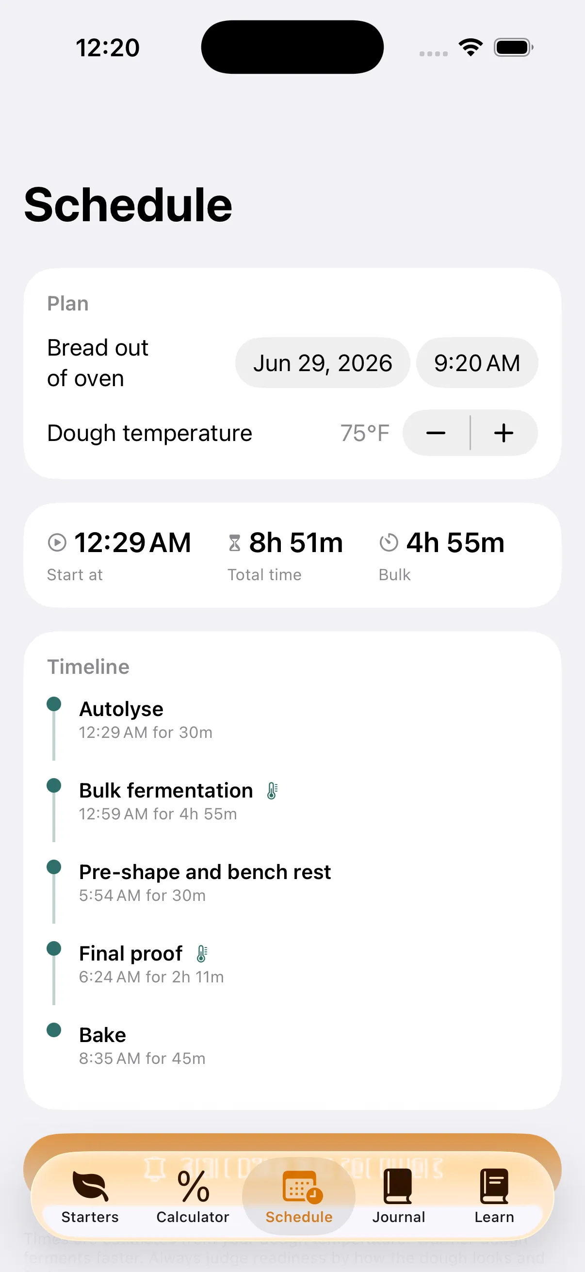 The Banneton schedule screen showing a reverse timeline of bake stages adjusted for dough temperature