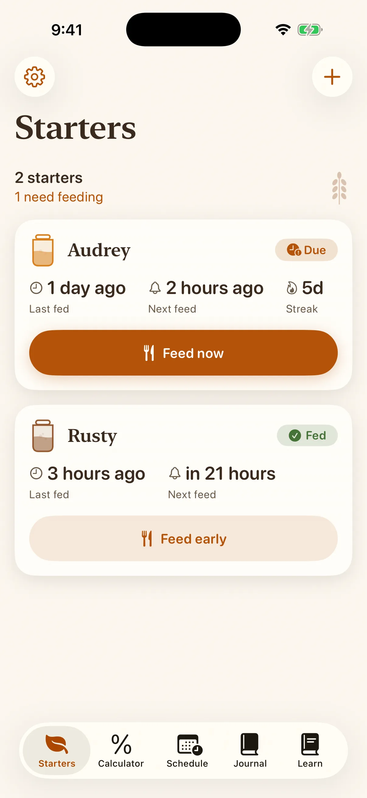 The Banneton home screen showing two starters and their feed state